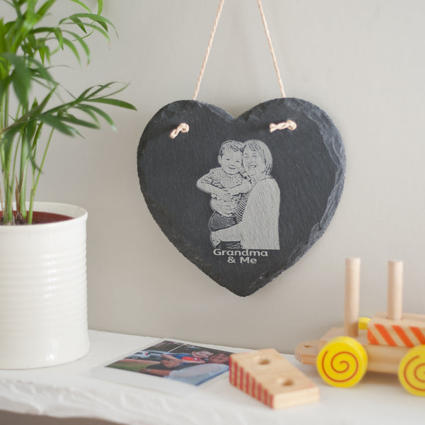 SLATE Hanging Heart with your own photo engraved